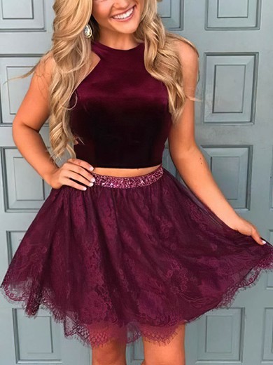 A-line Scoop Neck Lace Velvet Short/Mini Homecoming Dresses With Beading #Milly020109221