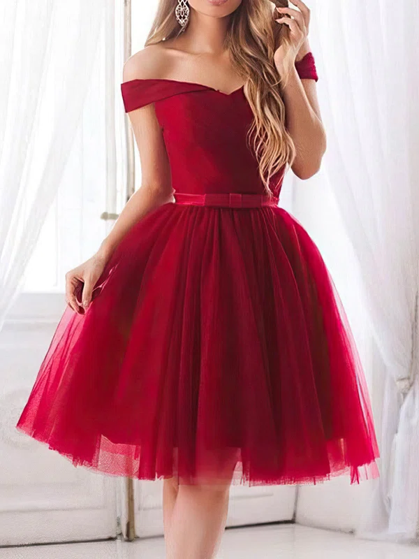 Ball Gown Off-the-shoulder Tulle Knee-length Homecoming Dresses With Sashes / Ribbons #Milly020109225