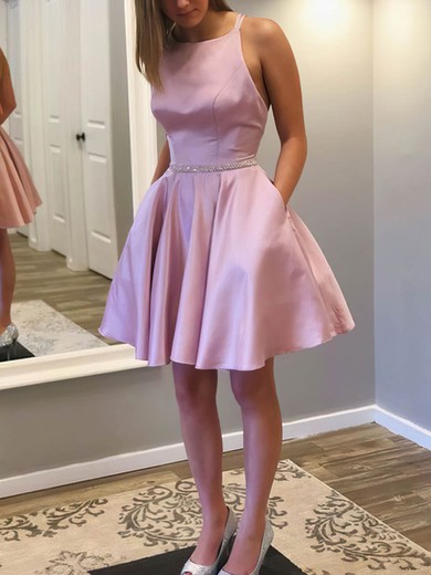 A-line Scoop Neck Satin Short/Mini Sashes / Ribbons Homecoming Dresses #Milly020109226