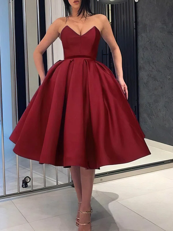 Ball Gown V-neck Satin Tea-length Homecoming Dresses With Pockets #Milly020109228