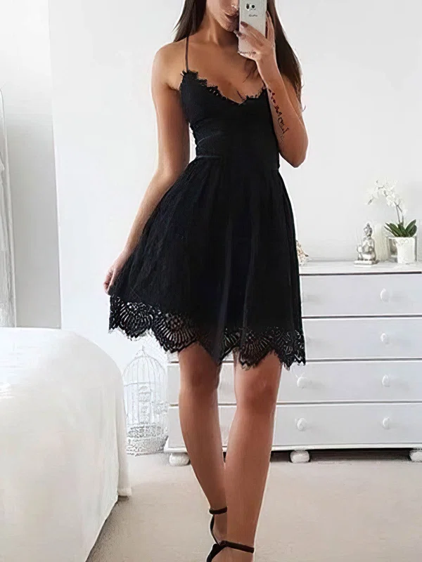 A-line V-neck Lace Short/Mini Lace Homecoming Dresses #Milly020109235
