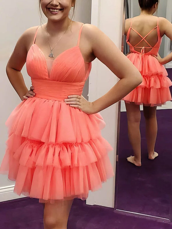 Ball Gown V-neck Tulle Short/Mini Homecoming Dresses With Tiered #Milly020109277