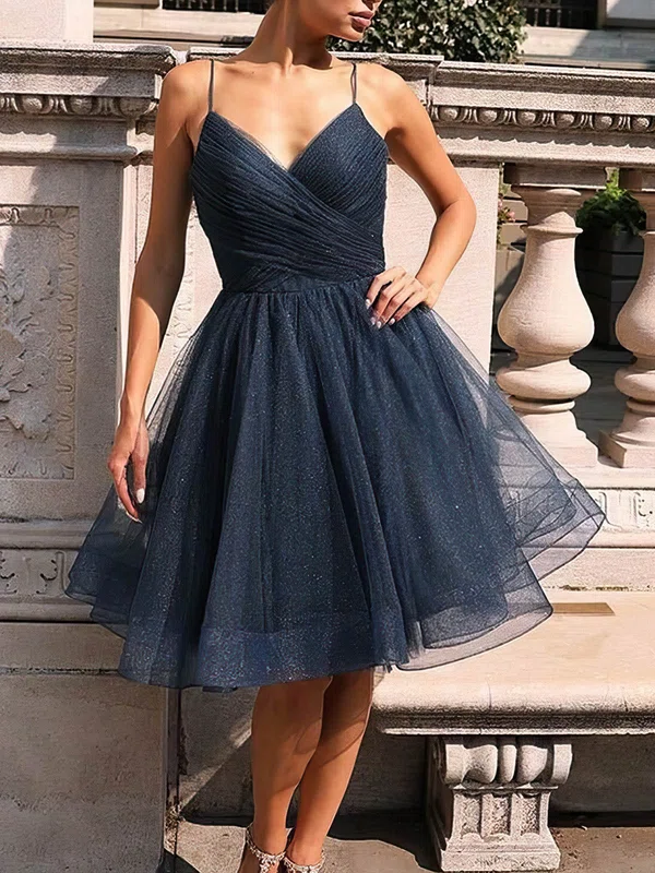 Ball Gown V-neck Glitter Tea-length Homecoming Dresses With Ruffles #Milly020109304
