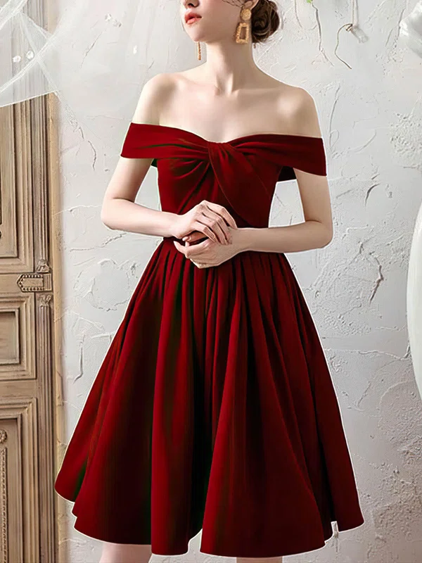 A-line Off-the-shoulder Velvet Tea-length Homecoming Dresses #Milly020109312