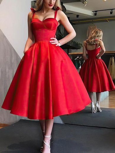 A-line V-neck Satin Tea-length Homecoming Dresses #Milly020109342