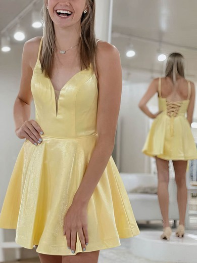 A-line V-neck Satin Short/Mini Homecoming Dresses #Milly020109359
