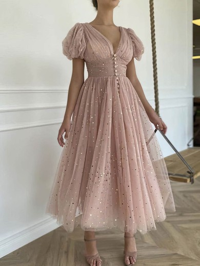 Ball Gown V-neck Glitter Ankle-length Homecoming Dresses With Buttons #Milly020109385