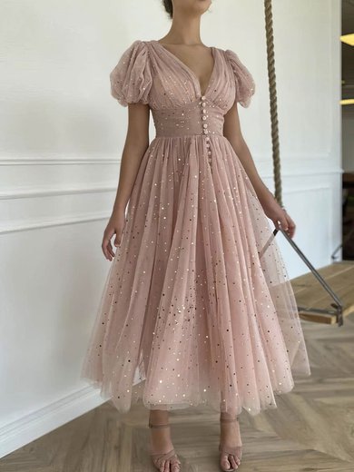 A-line V-neck Tulle Ankle-length Ruffles Homecoming Dresses #Milly020109385