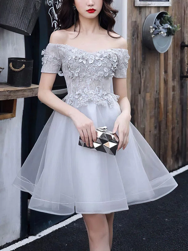 A-line Off-the-shoulder Tulle Knee-length Homecoming Dresses With Appliques Lace #Milly020109428