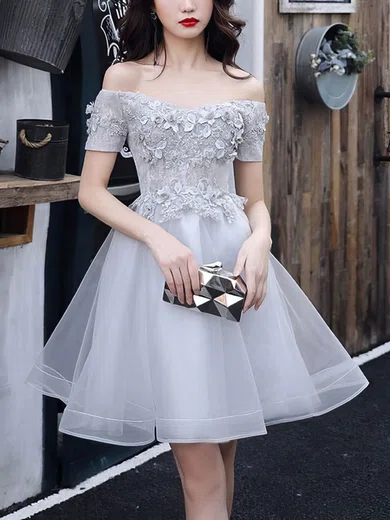 A-line Off-The-Shoulder Tulle Knee-length Homecoming Dresses With Appliques Lace #Milly020109428