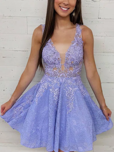 A-line V-neck Lace Homecoming Dresses With Appliques Lace #Milly020109437
