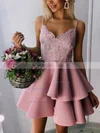 A-line V-neck Satin Short/Mini Appliques Lace Homecoming Dresses #Milly020109446