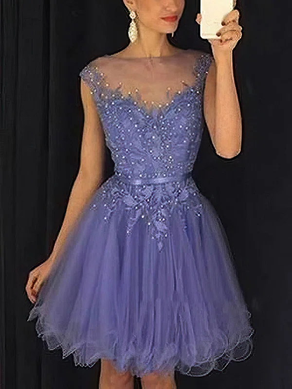 A-line Illusion Tulle Short/Mini Homecoming Dresses With Appliques Lace #Milly020109451