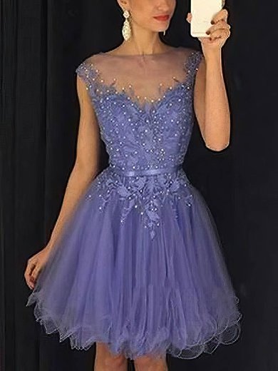 A-line Scoop Neck Tulle Short/Mini Beading Homecoming Dresses #Milly020109451