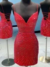 Red Sparkle Deep V Neck Satin Bodycon Mini Dress #Milly020109859