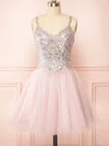 A-line V-neck Tulle Short/Mini Homecoming Dresses With Appliques Lace #Milly020109925