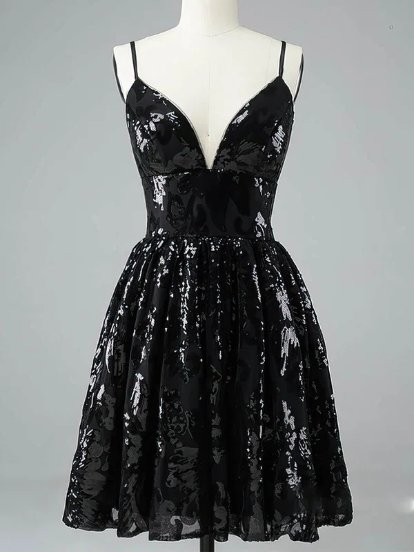 Sparkly Black Sequin Skater V-neck Homecoming Dresses #Milly020109926