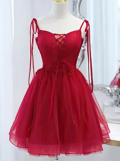A-line Square Neckline Tulle Short/Mini Homecoming Dresses With Sashes / Ribbons #Milly020109957