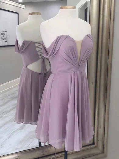 A-line Off-the-shoulder Chiffon Short/Mini Homecoming Dresses With Ruffles #Milly020109998
