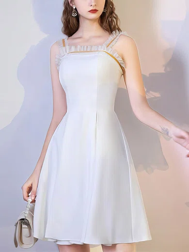 A-line Square Neckline Silk-like Satin Knee-length Homecoming Dresses With Ruffles #Milly020110005