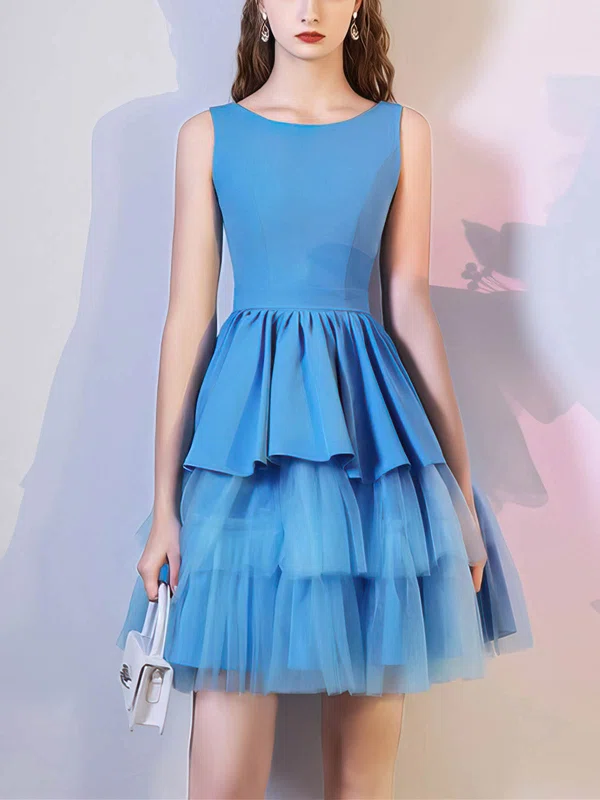 A-line Scoop Neck Tulle Stretch Crepe Knee-length Homecoming Dresses With Tiered #Milly020110006