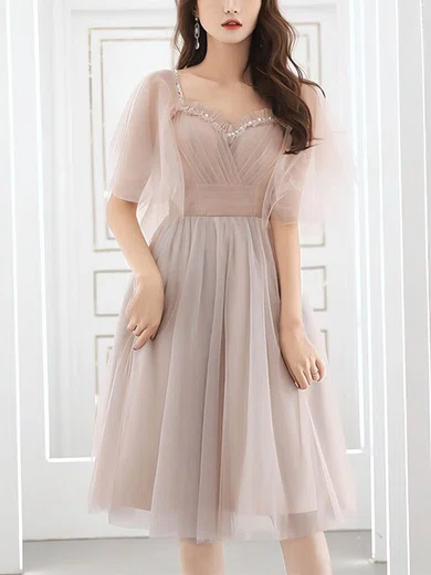 A-line V-neck Tulle Tea-length Homecoming Dresses With Ruffles #Milly020110008