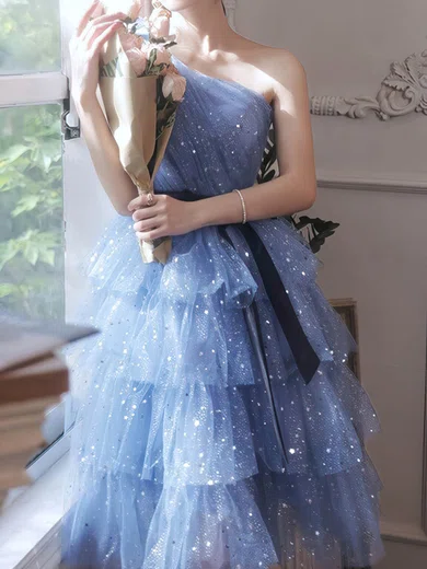 Sparkle Tea Length Tulle One Shoulder Homecoming Dress