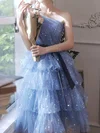 A-line One Shoulder Glitter Tea-length Homecoming Dresses With Sashes / Ribbons #Milly020110012