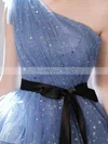 A-line One Shoulder Glitter Knee-length Homecoming Dresses With Sashes / Ribbons #Milly020110012