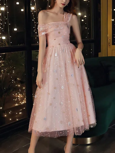 Sparkle Tea Length Tulle One Shoulder Homecoming Dress