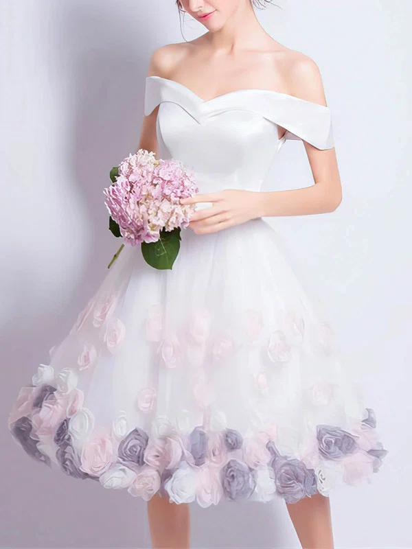 A-line Off-the-shoulder Tulle Knee-length Homecoming Dresses With Flower(s) #Milly020110022
