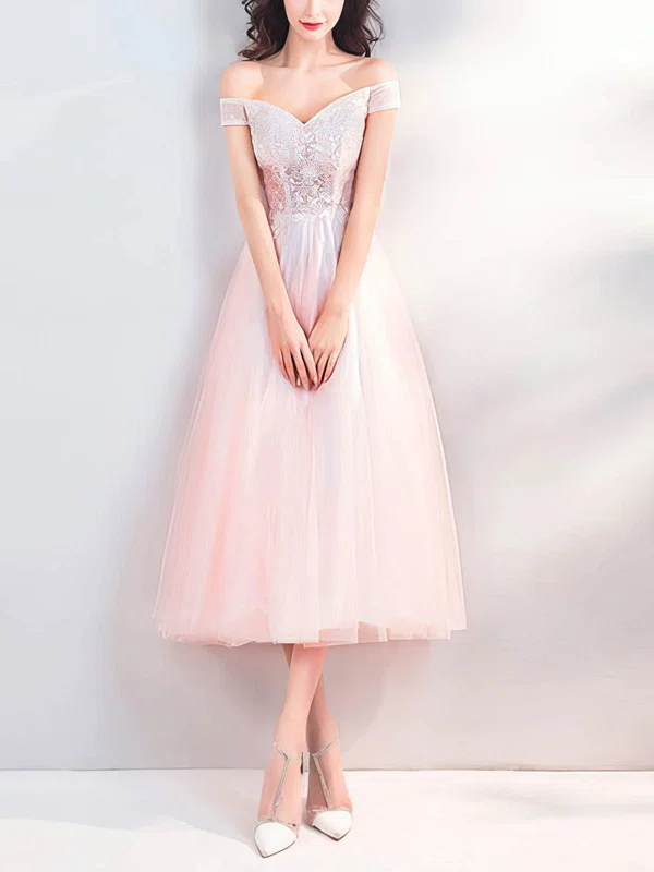 A-line Off-the-shoulder Tulle Tea-length Homecoming Dresses With Appliques Lace #Milly020110023