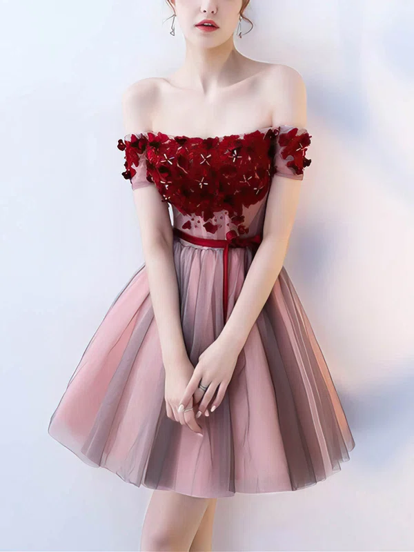 A-line Off-the-shoulder Tulle Short/Mini Homecoming Dresses With Appliques Lace #Milly020110033