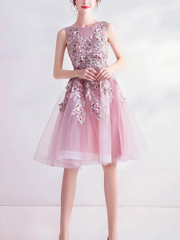 A-line Illusion Tulle Knee-length Homecoming Dresses With Appliques Lace #Milly020110034