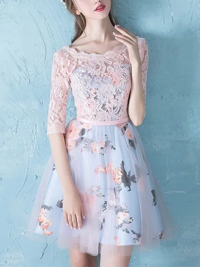 A-line Illusion Tulle Short/Mini Homecoming Dresses With Sashes / Ribbons #Milly020110036