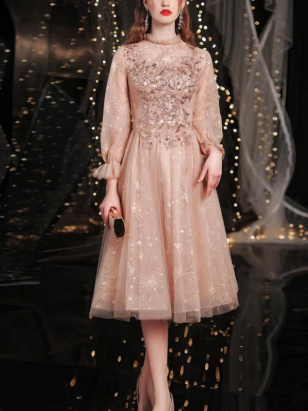 A-line High Neck Glitter Tea-length Homecoming Dresses With Beading #Milly020110039