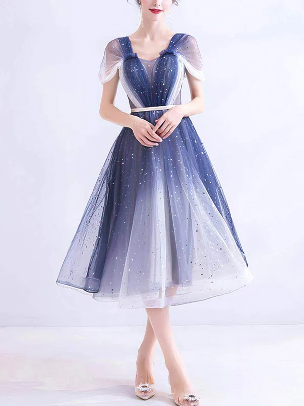 A-line Off-the-shoulder Tulle Tea-length Homecoming Dresses With Beading #Milly020110041