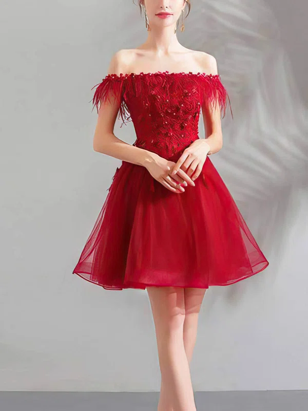A-line Off-the-shoulder Lace Tulle Short/Mini Homecoming Dresses With Appliques Lace #Milly020110042