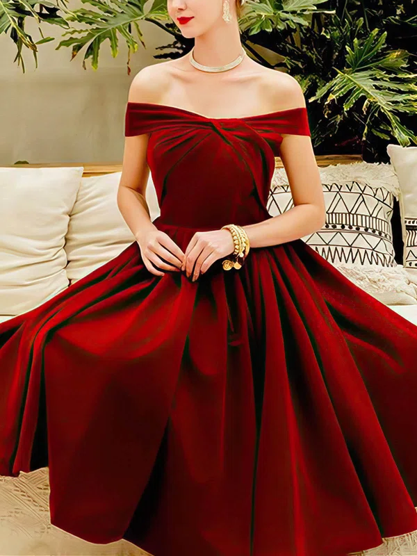 A-line Off-the-shoulder Velvet Tea-length Homecoming Dresses #Milly020110062