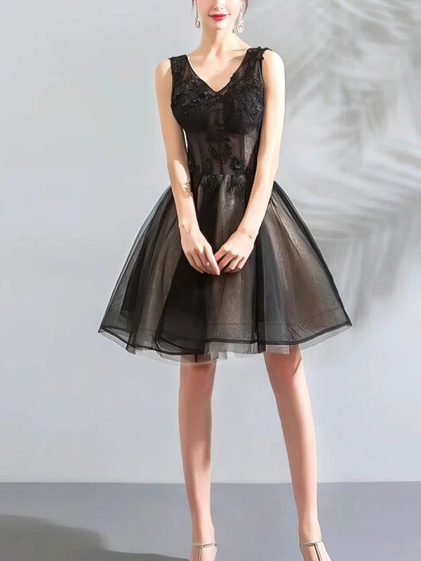 A-line V-neck Lace Tulle Knee-length Homecoming Dresses With Appliques Lace #Milly020110063