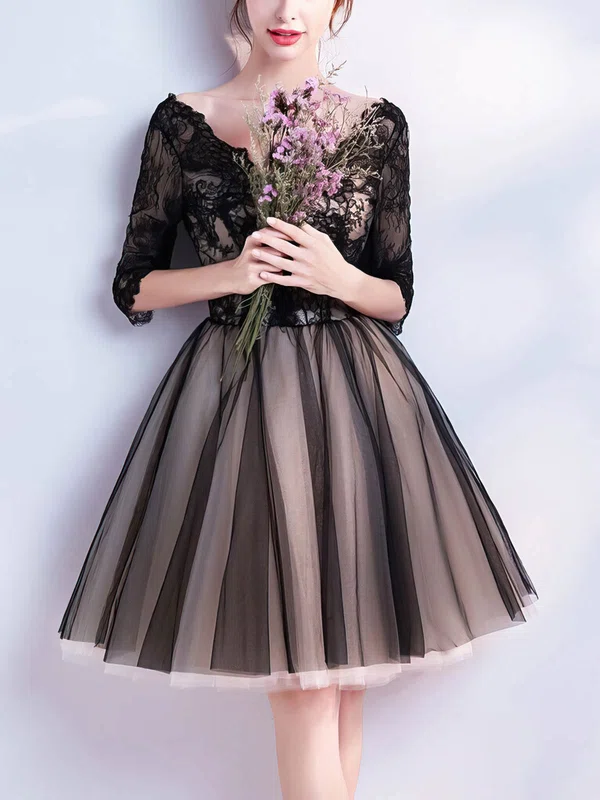 A-line V-neck Lace Tulle Knee-length Homecoming Dresses With Appliques Lace #Milly020110064