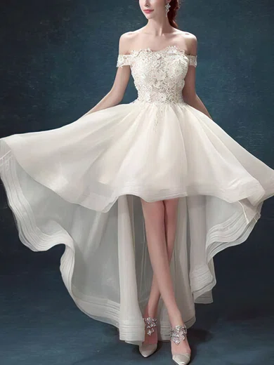 A-line Off-the-shoulder Tulle Asymmetrical Homecoming Dresses With Appliques Lace #Milly020110065