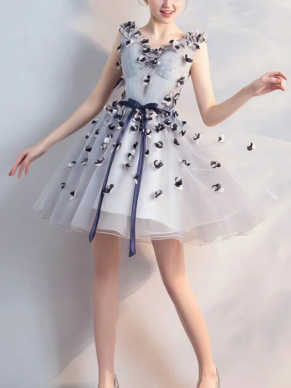A-line V-neck Lace Tulle Short/Mini Homecoming Dresses With Flower(s) #Milly020110067