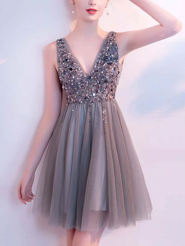 A-line V-neck Tulle Short/Mini Homecoming Dresses With Beading #Milly020110079