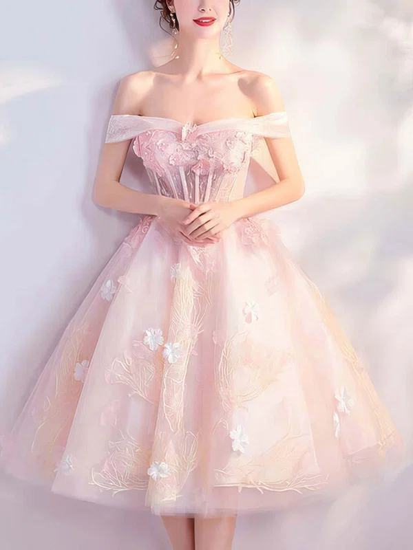 Ball Gown Off-the-shoulder Tulle Tea-length Homecoming Dresses With Appliques Lace #Milly020110089