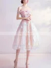 A-line Off-the-shoulder Lace Tulle Tea-length Homecoming Dresses With Appliques Lace #Milly020110089