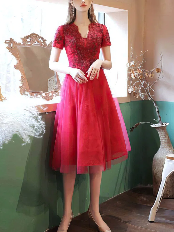 A-line V-neck Tulle Tea-length Homecoming Dresses With Appliques Lace #Milly020110090