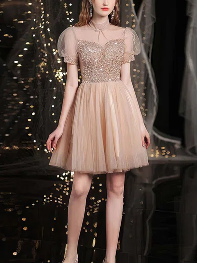 A-line High Neck Tulle Short/Mini Homecoming Dresses With Beading #Milly020110091