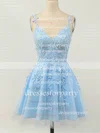 A-line V-neck Lace Tulle Short/Mini Homecoming Dresses With Appliques Lace #Milly020110094