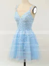 A-line V-neck Lace Tulle Short/Mini Homecoming Dresses With Appliques Lace #Milly020110094